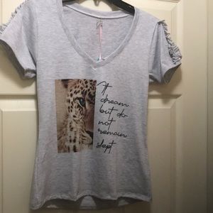 Grey white top with leopard print . One size .